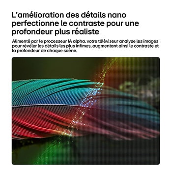 LG NANO 4K UHD AI nu85 with Nano Detail Enhancer shows a feather image, powered by the alpha AI Processor that detects fine textures to enhance contrast and depth and deliver a clearer, more three-dimensional 4K picture.
